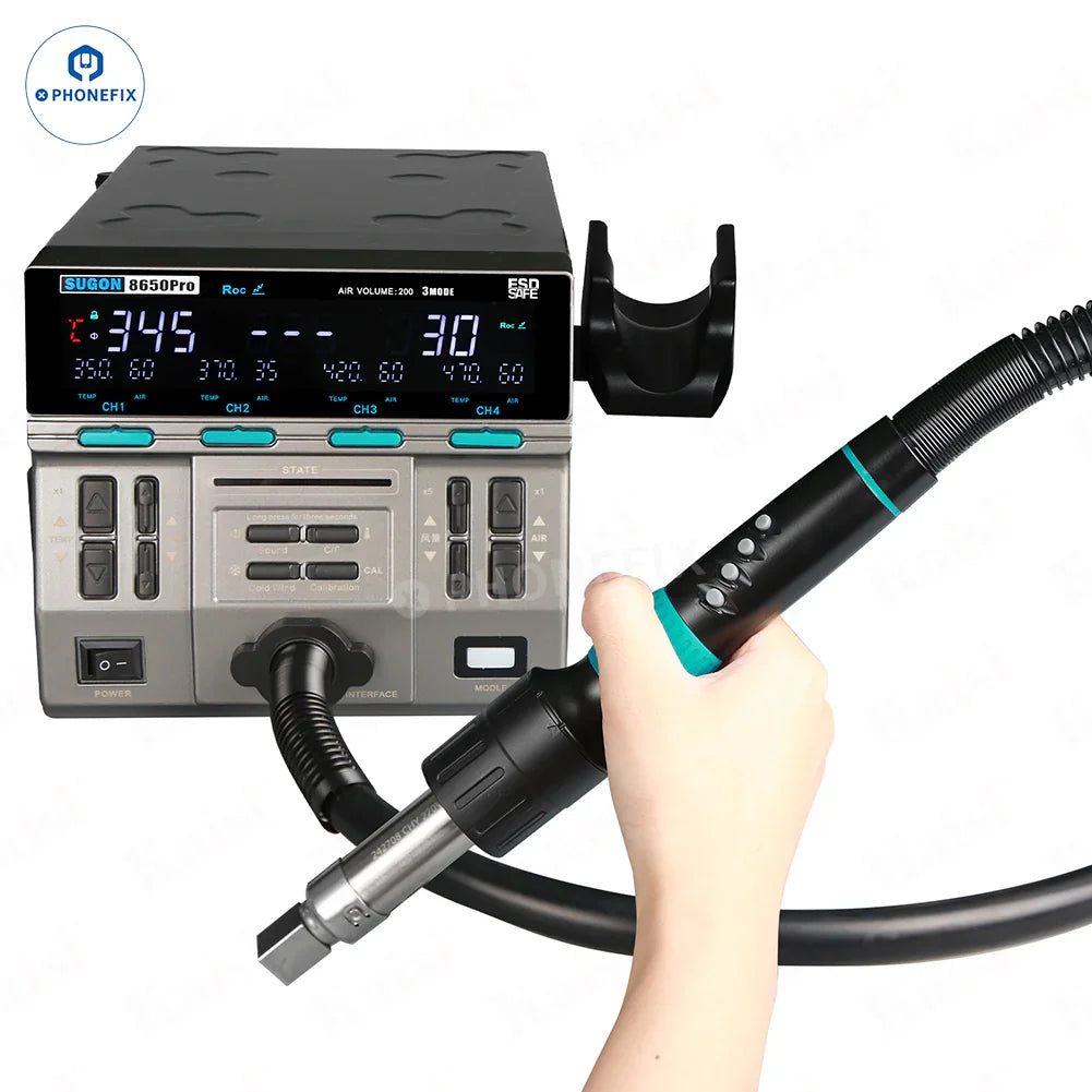 SUGON 8650Pro Curve Hot Air Gun BGA Rework Station with 1300W power and adjustable temperature, used for electronic rework and repair.