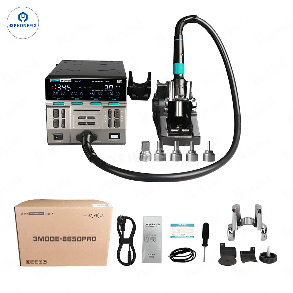 SUGON 8650Pro Curve Hot Air Gun BGA Rework Station with digital controls and adjustable temperature for electronics repair.