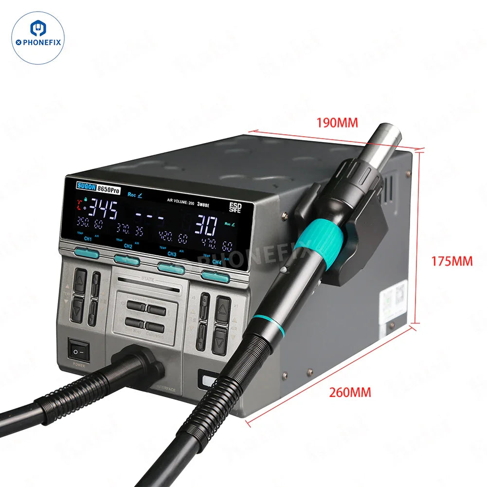 SUGON 8650Pro Curve Hot Air Gun BGA Rework Station with 1300W power, used for reworking and soldering electronic components.