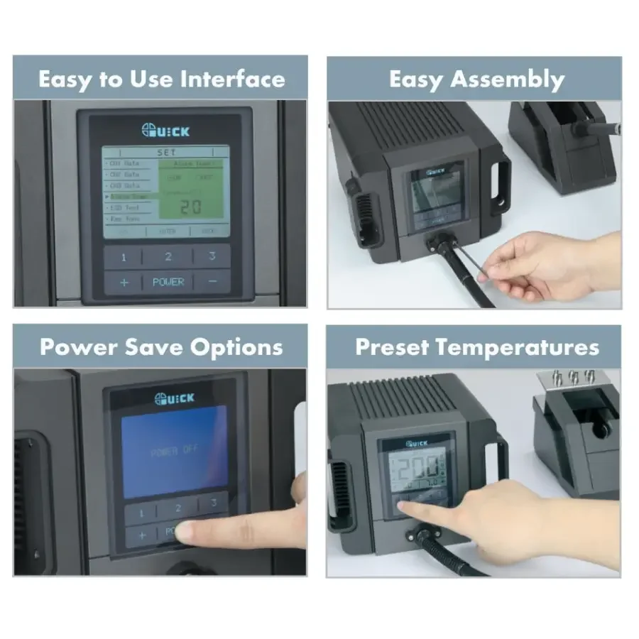 PhoneFix QUICK TR1300A 1300W BGA rework station with hot air gun and digital controls for precise soldering and rework tasks.