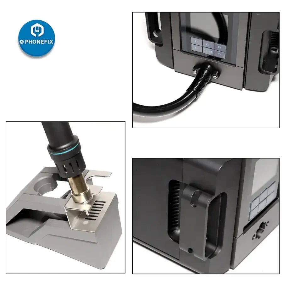 PHONEFIX QUICK TR1300A 1300W BGA rework station with hot air soldering tool and digital controls for electronic repair.