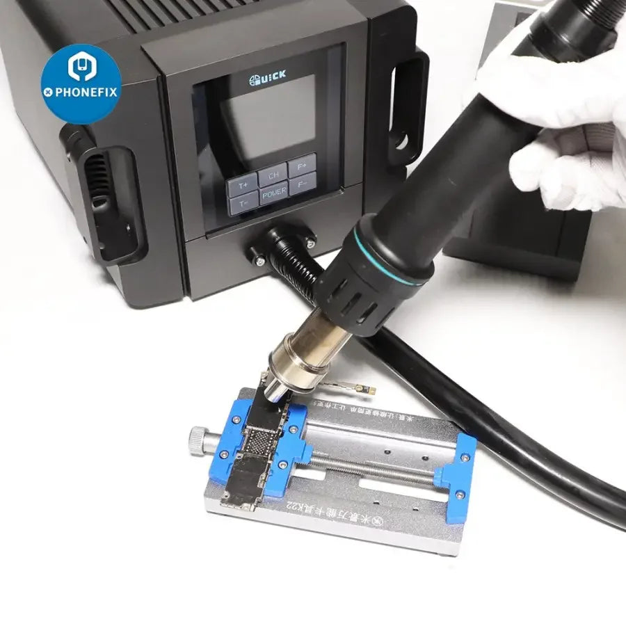 QUICK TR1300A 1300W BGA rework station by PHONEFIX with hot air soldering tool and digital controls for precise rework.