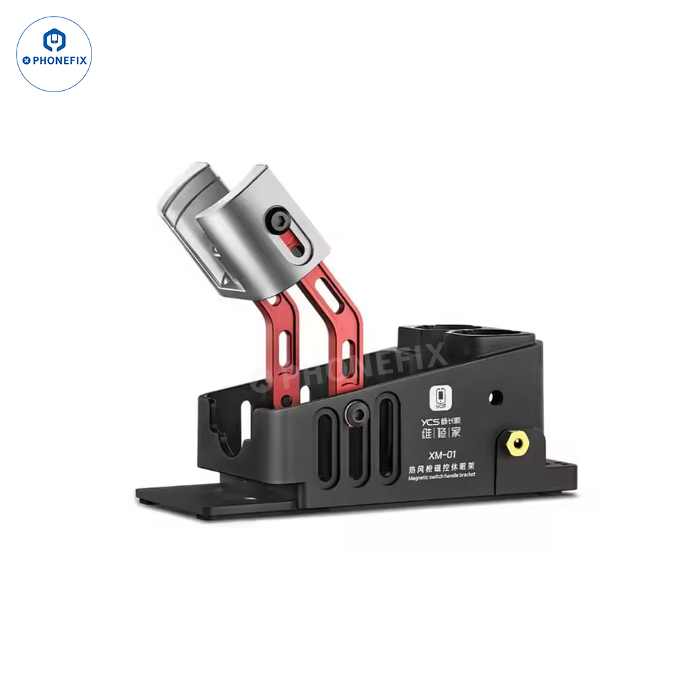 YCS XM-01 hot air gun stand with magnetic sleep bracket for PCB repair, part of PHONEFIX's PCB soldering tools collection.