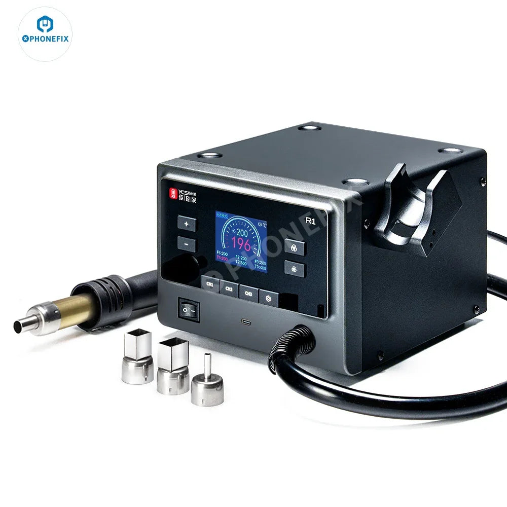 Qianli & YCS R1 1000W hot air gun BGA rework station for electronics repair, with digital display and airflow control.