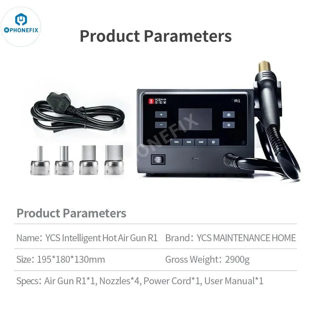 YCS R1 1000W hot air gun for BGA rework station by PHONEFIX, with adjustable temperature and airflow for electronic soldering.