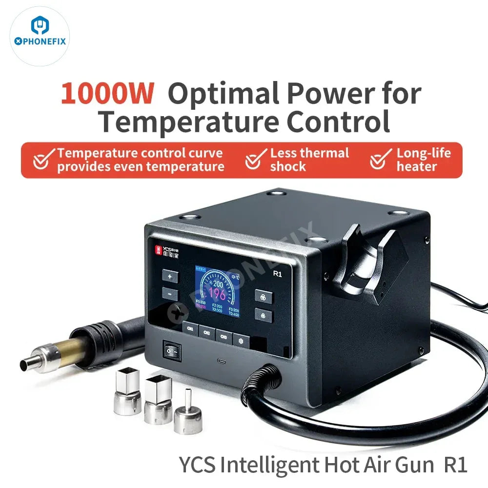 YCS R1 1000W hot air gun for BGA rework, part of PHONEFIX's intelligent BGA rework station with adjustable temperature and airflow