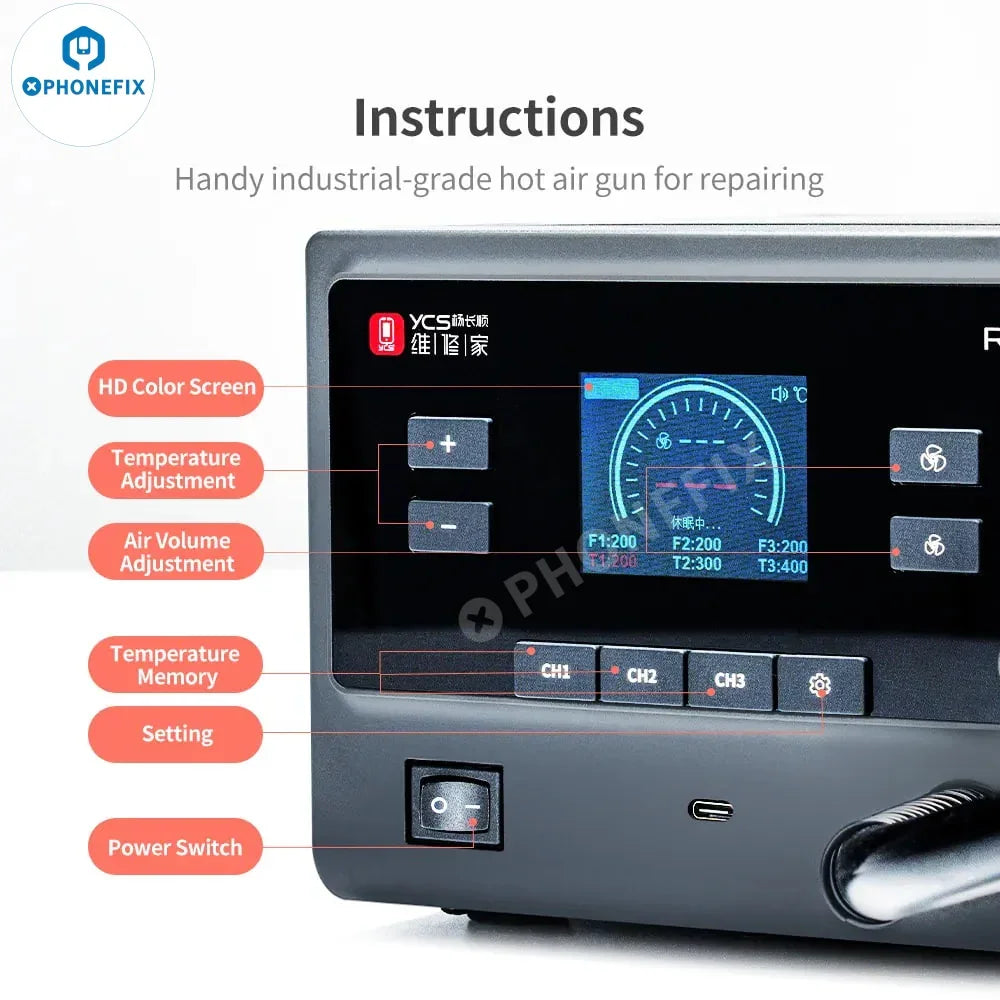 YCS R1 1000W hot air gun BGA rework station by PHONEFIX with digital controls and adjustable temperature for electronics repair