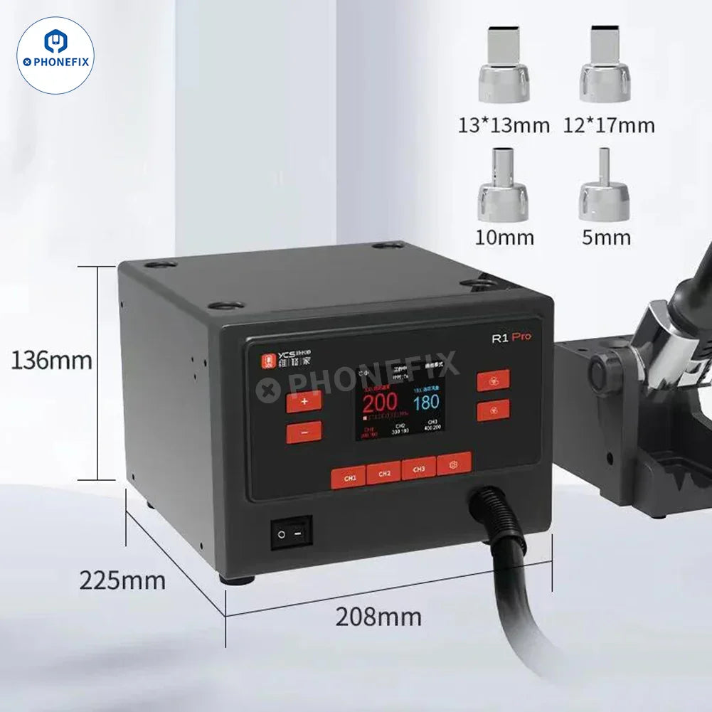 Qianli & YCS R1 1000W hot air gun BGA rework station by PHONEFIX with digital controls and adjustable temperature display.