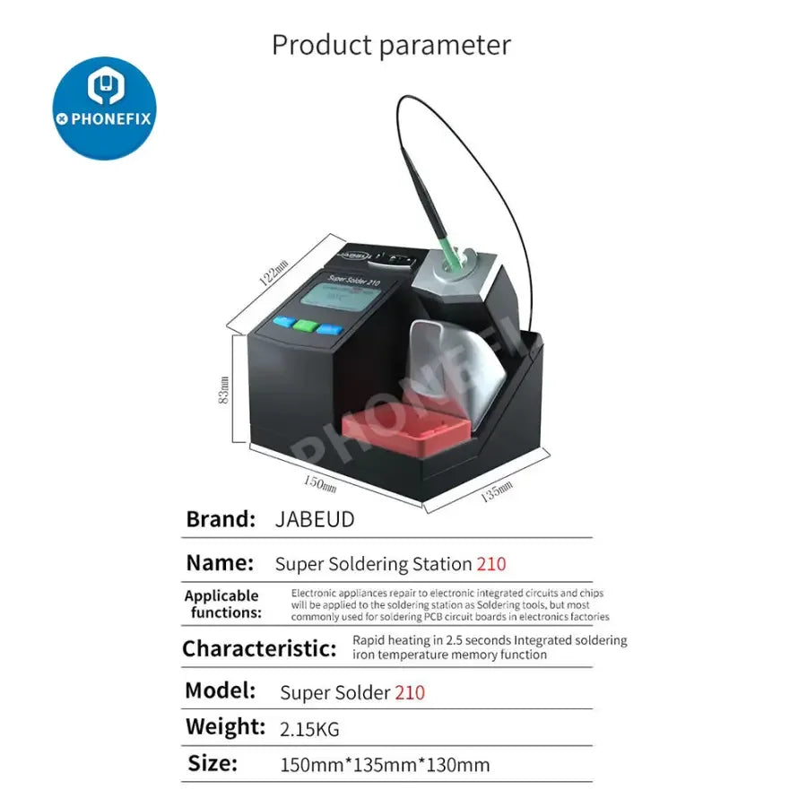 Jabe UD-210 BGA soldering station with OEM JBC T210 handle, shown with soldering iron and accessories for phone PCB welding.