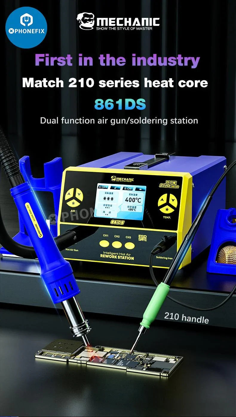 PhoneFix MECHANIC 861DS 2-in-1 Hot Air Rework Station for BGA Soldering and PCB Repair, with digital controls and ergonomic design.