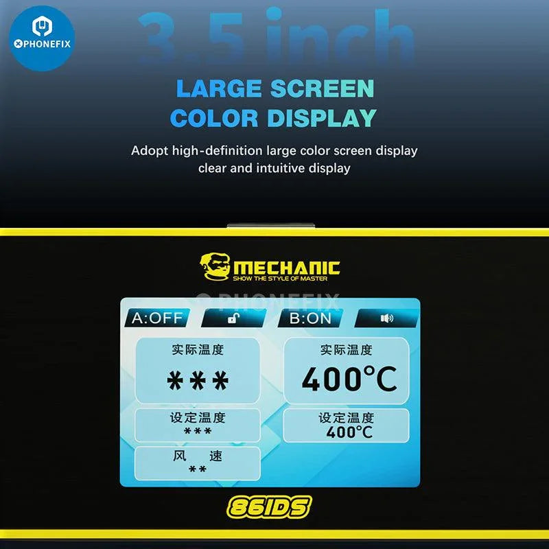 PhoneFix MECHANIC 861DS 2-in-1 BGA hot air rework station for PCB soldering and repair, with adjustable temperature and airflow.