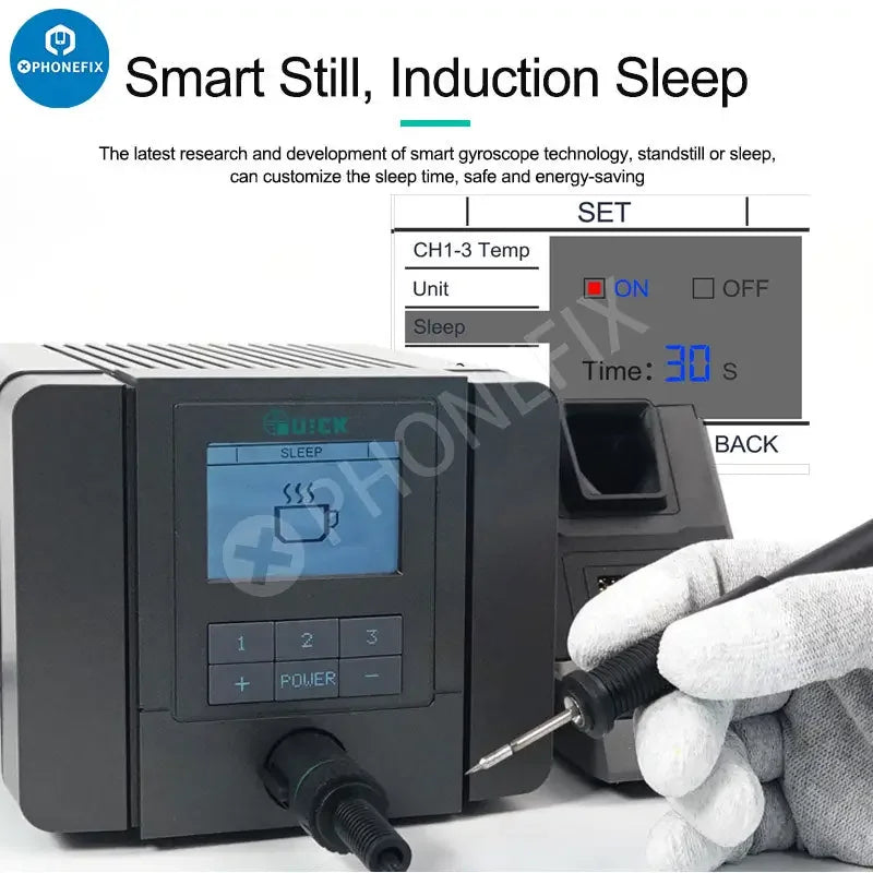 PhoneFix Quick Q8 electric BGA soldering station with precision soldering iron and digital controls for electronics repair.