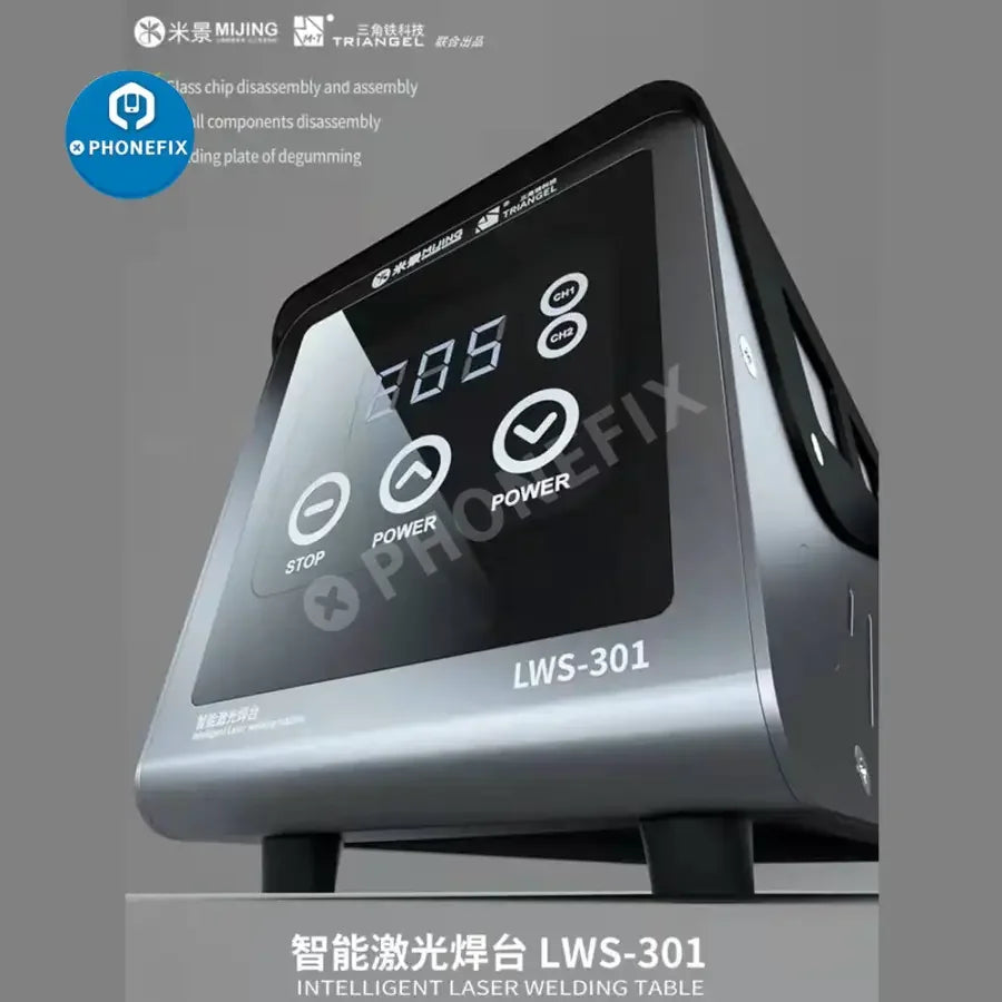 MiJing LWS-301 BGA laser soldering station with 110V/220V power, compact design, and digital controls for precise soldering.