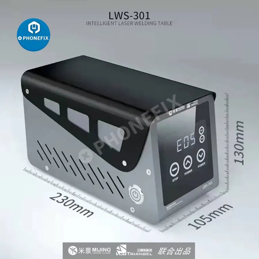 MiJing LWS-301 BGA laser soldering station by PHONEFIX with 110V/220V power, featuring a sleek design and control panel.