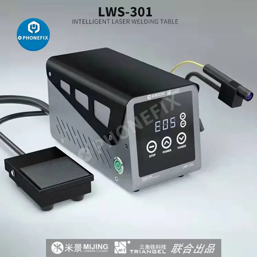 MiJing LWS-301 BGA laser soldering station by PHONEFIX with 110V/220V power, featuring digital controls and soldering iron.