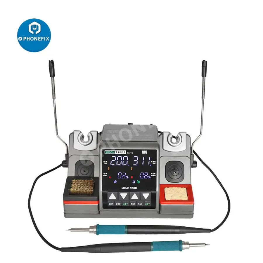 SUGON T1602 Lead-Free BGA Soldering Rework Station for PCB and IC repair, with soldering iron and digital display.