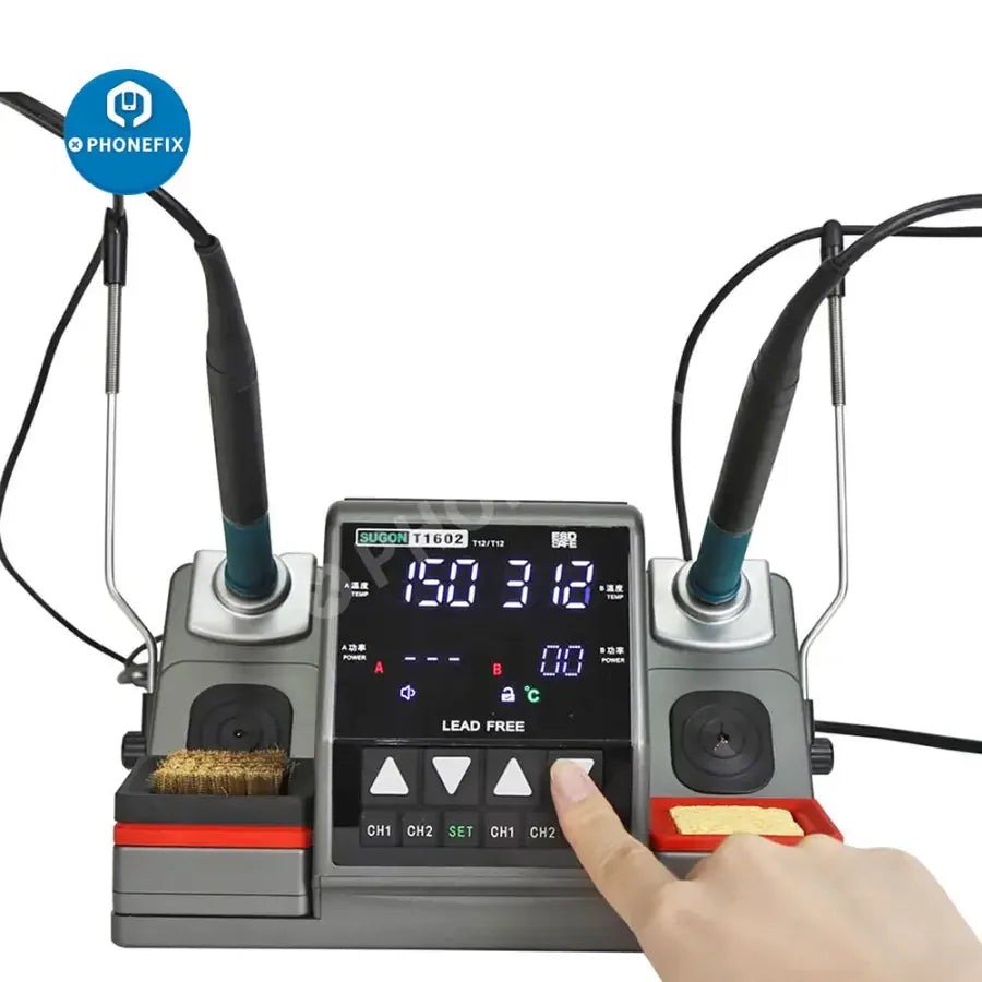 SUGON T1602 Lead-Free BGA Soldering Rework Station by PHONEFIX with control panel and soldering iron for PCB and IC repair.
