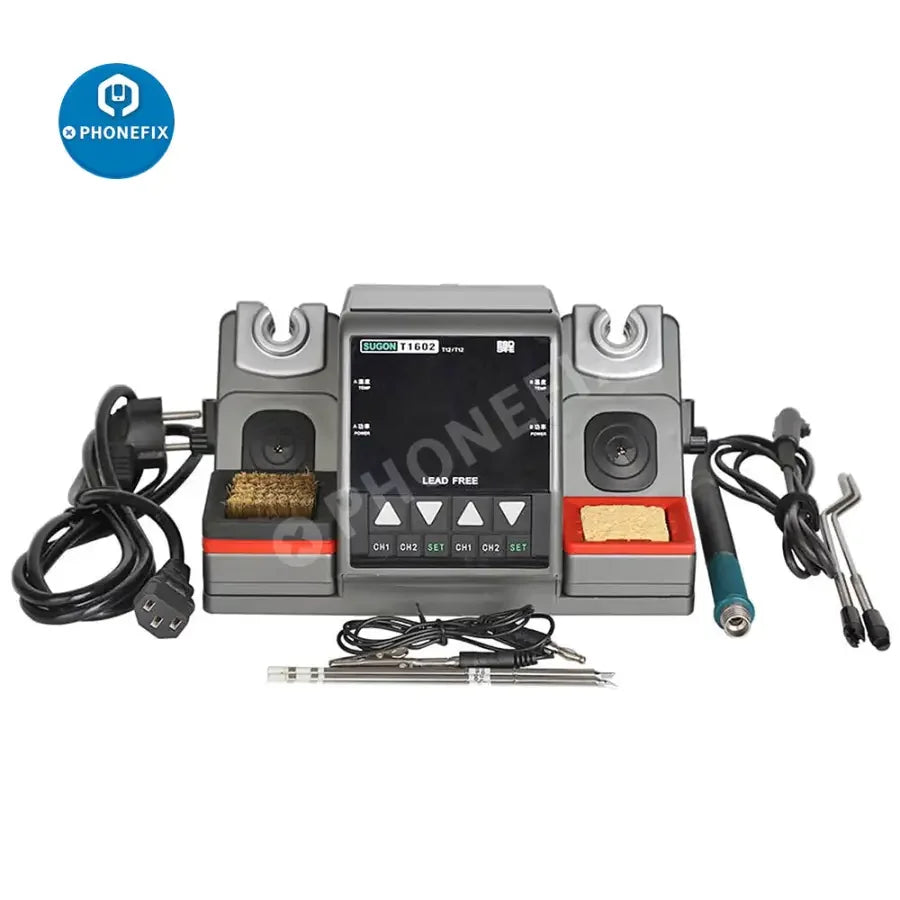 PhoneFix SUGON T1602 BGA soldering rework station for PCB and IC repair, with lead-free soldering tool and 110V US plug.