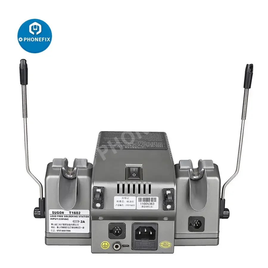 Phonefix BGA soldering station T1602 for lead-free rework, with soldering iron and digital controls for PCB IC repair.