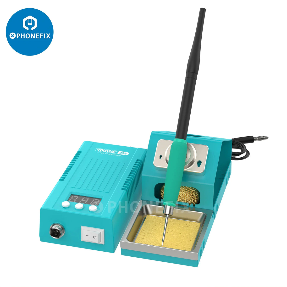 PHONEFIX UYUE 305 T210 BGA soldering station with JBC C210 iron tips, showing the control unit and soldering iron in use.