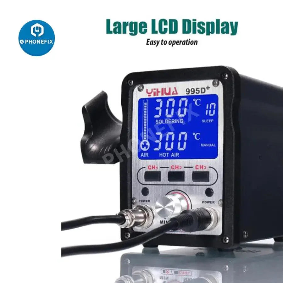 YIHUA 995D+ SMD BGA Soldering Station with hot air gun for BGA rework, featuring digital controls and ergonomic design.