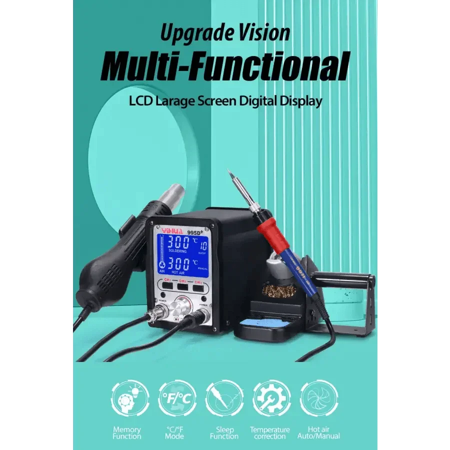 YIHUA 995D+ SMD BGA soldering station with hot air gun for BGA rework, featuring digital controls and ergonomic design.