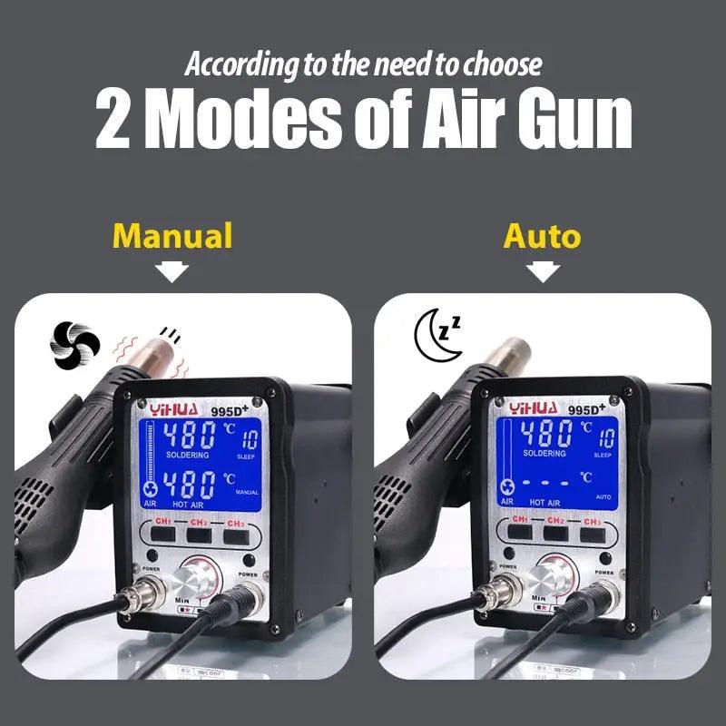 YIHUA 995D+ SMD BGA Soldering Station with hot air gun for BGA rework, featuring digital controls and precision tools.