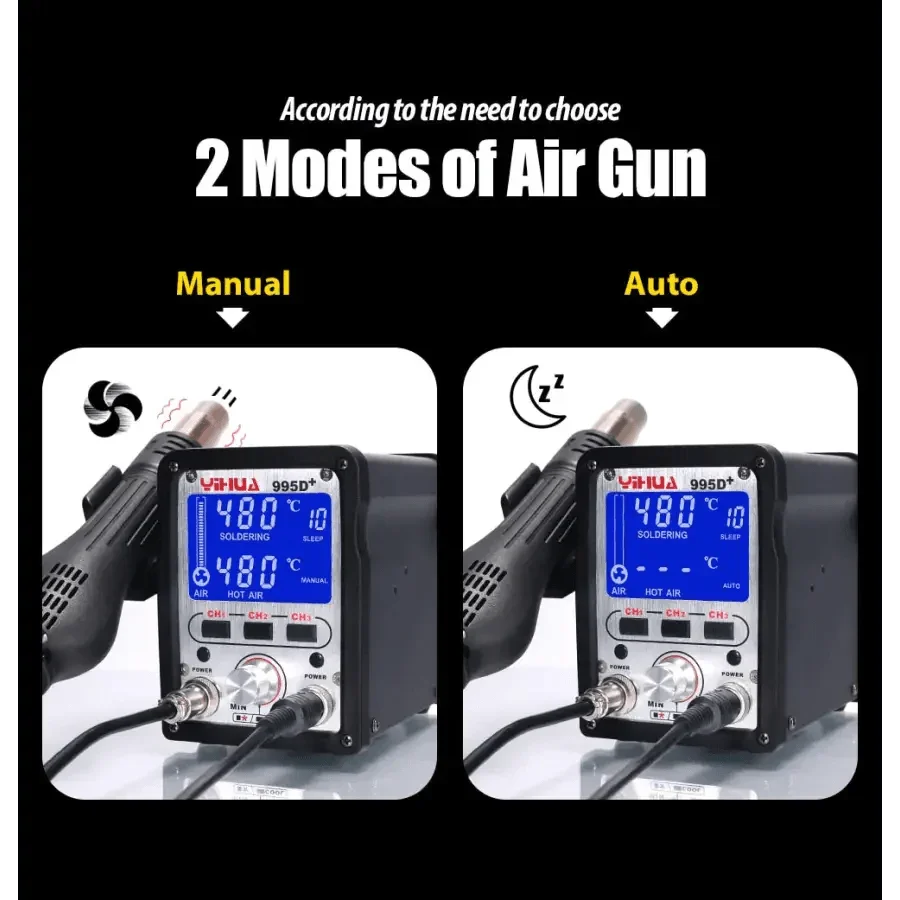YIHUA 995D+SMD BGA Soldering Station with hot air gun, used for BGA rework, featuring digital controls and precision tools.