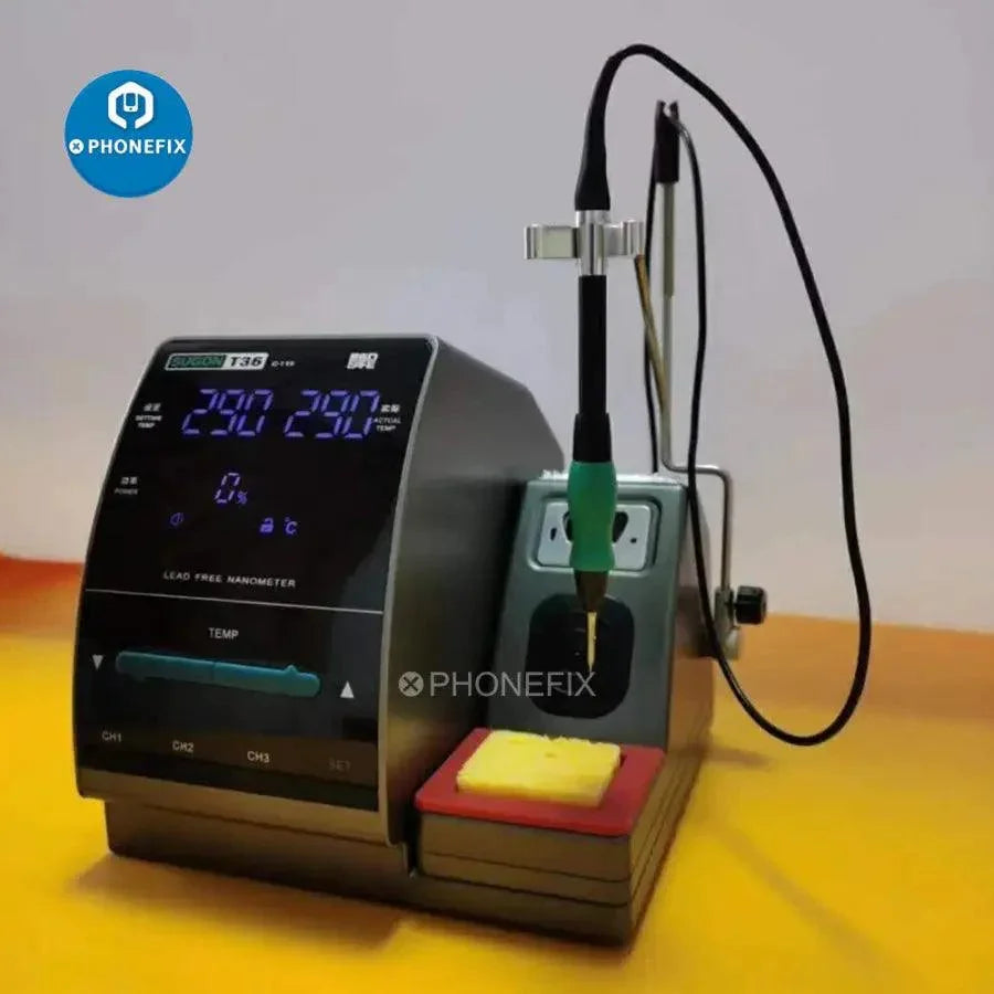 Sugon T36 lead-free BGA soldering station by PHONEFIX with JBC C115 iron tips, shown with soldering iron and station setup.