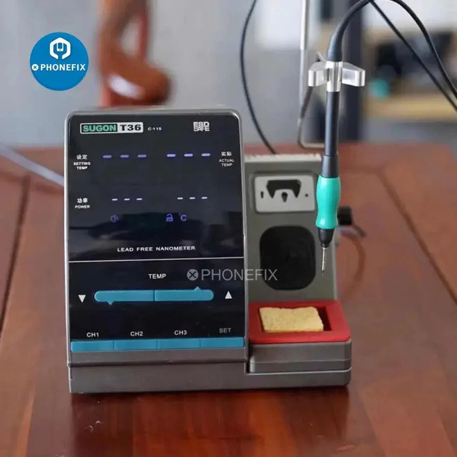 Sugon T36 lead-free BGA soldering station with JBC C115 iron tips, compact electronic soldering equipment for precise BGA work.