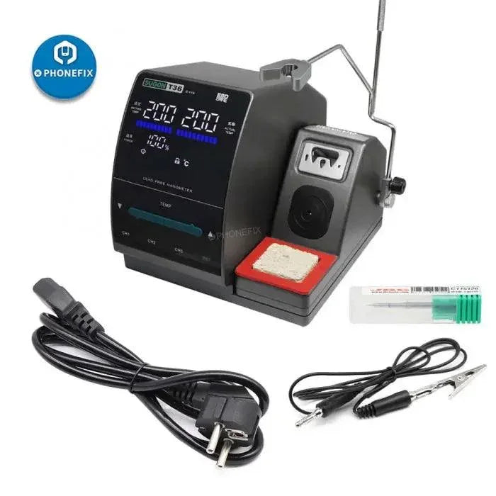 Sugon T36 lead-free BGA soldering station from PHONEFIX with JBC C115 iron tips, shown with soldering iron and station setup.