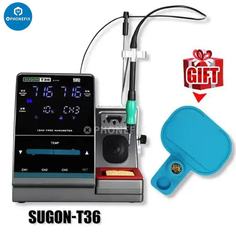 Sugon T36 lead-free BGA soldering station with JBC C115 iron tips for precise electronic soldering, by PHONEFIX.