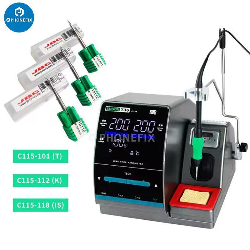 Sugon T36 lead-free BGA soldering station with JBC C115 iron tips, used for precise electronic soldering tasks.