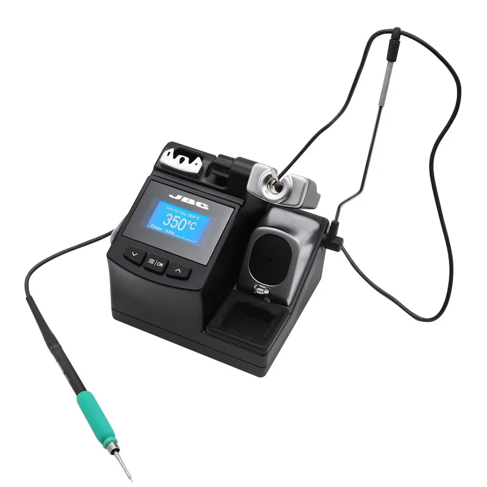 Phonefix BGA soldering station JBC CD-2SHE with three tips, heats to 350°C in 2 seconds, precision BGA soldering tool for electronics.