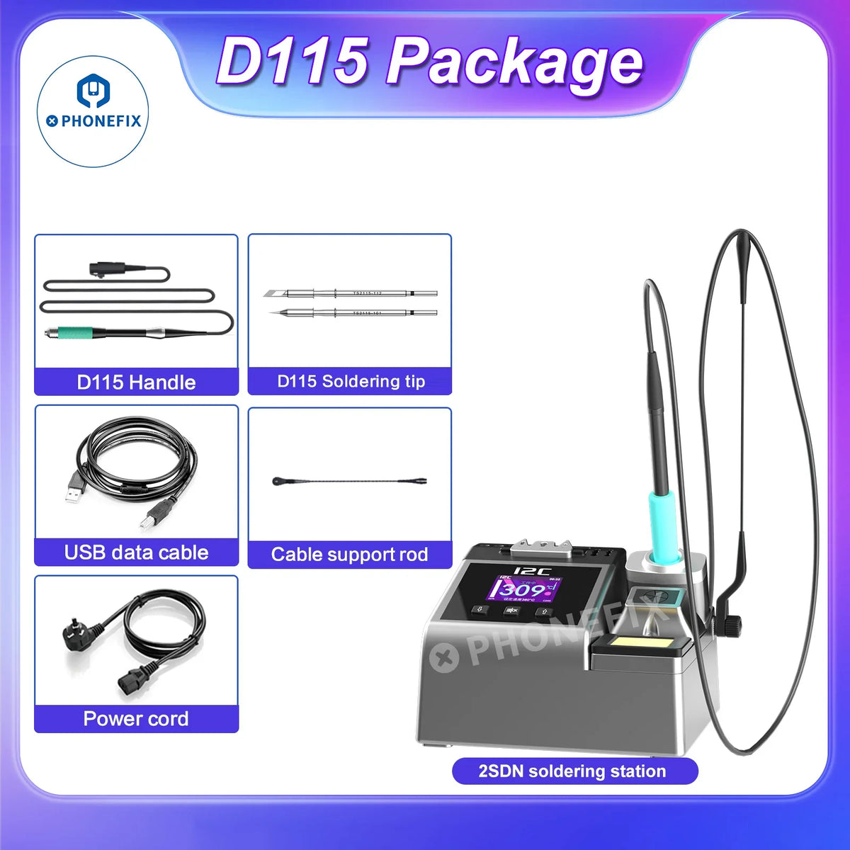 PhoneFix 180W BGA soldering station with I2C 2SDN, includes T115, T210, T245 handles for precise soldering tasks.
