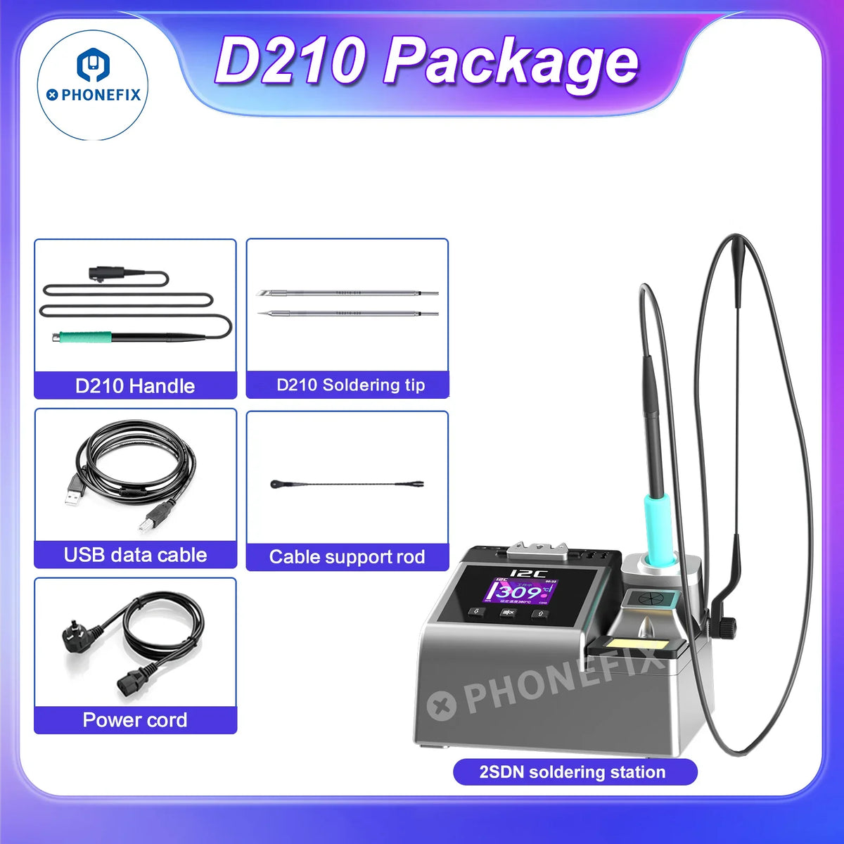 PhoneFix 180W BGA soldering station with I2C 2SDN, T115, T210, T245 handles for precise electronic soldering.