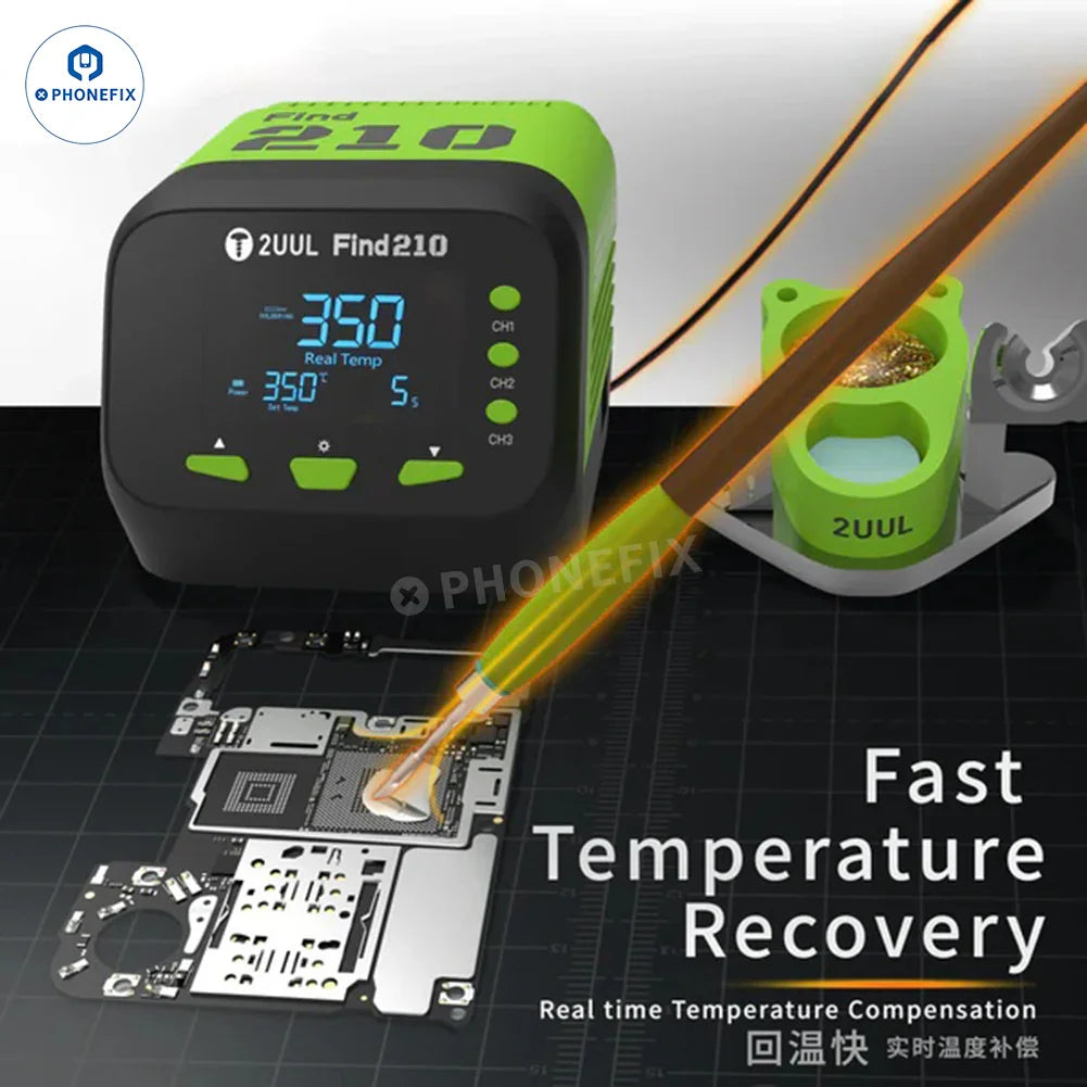 PHONEFIX 2UUL FD01 Find210 BGA Soldering Station with AC transformer and US plug, featuring digital controls and compact design.