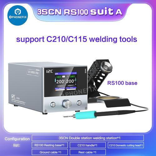 PhoneFix i2C 3SCN BGA soldering station with double handles, C210 and C115 tips, compact design for precise circuit board repair.