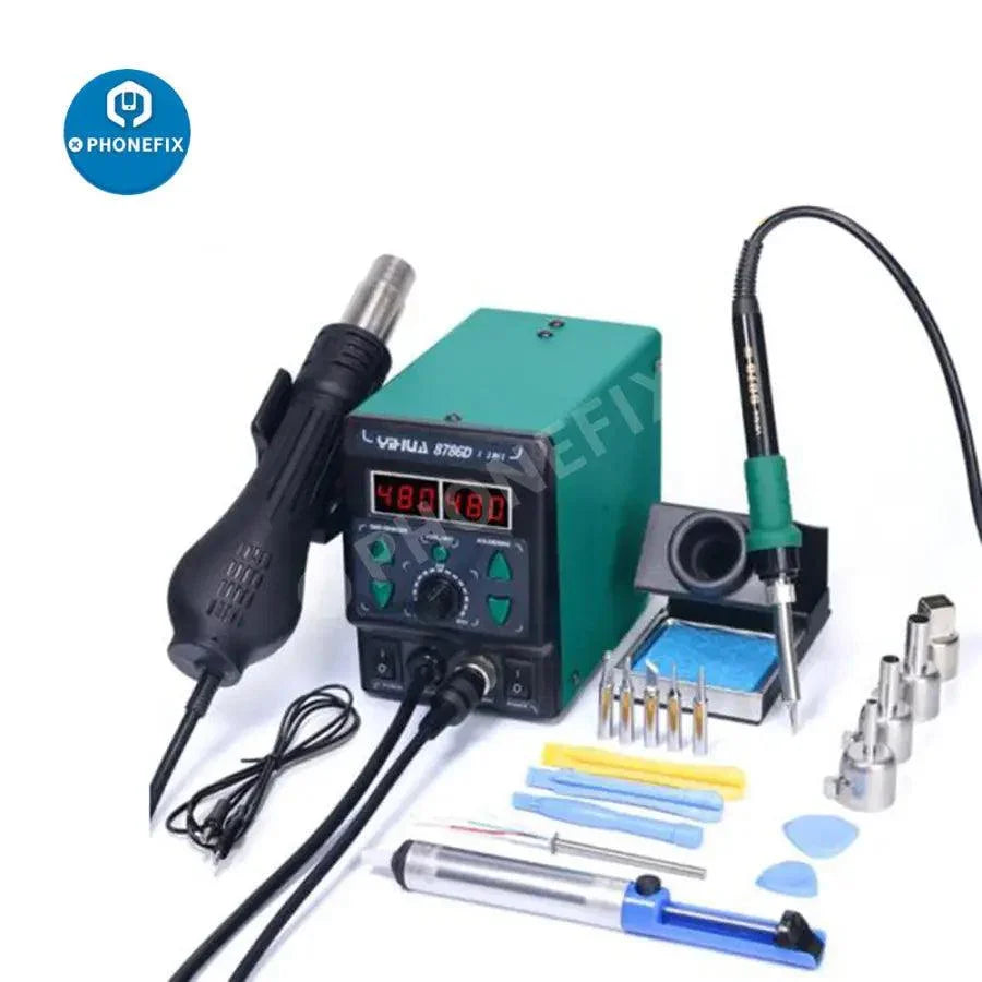 YIHUA 8786D BGA Rework Station with soldering iron and hot air gun for phone repair, featuring digital controls and precision tools.