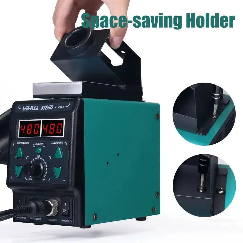 YIHUA 8786D BGA rework station with soldering iron and hot air gun for phone repair, branded PHONEFIX, on a workbench.