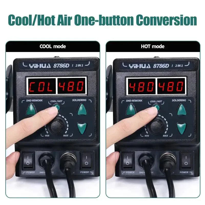YIHUA 8786D BGA rework station with soldering iron and hot air gun for phone repair, features a control panel and cooling fan.