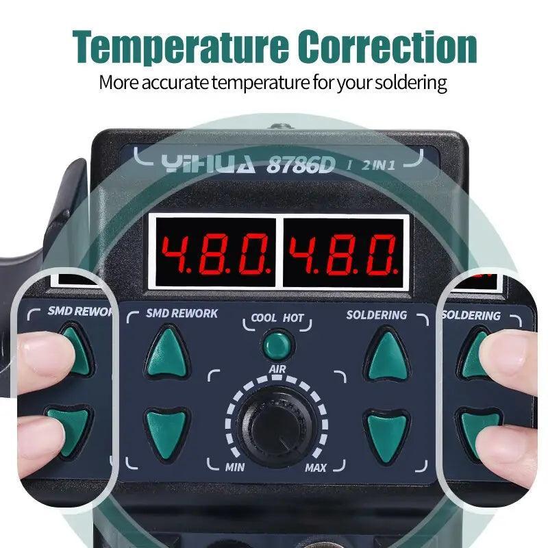 YIHUA 8786D BGA rework station with soldering iron and hot air gun for phone repair, branded PHONEFIX, on a workbench.