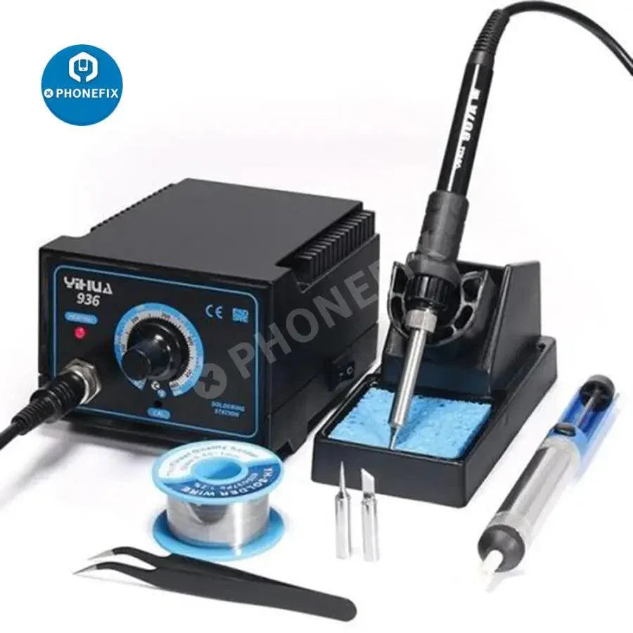 Estación de soldadura BGA YIHUA 936/937/939D con temperatura ajustable y kit de herramientas de reparación de PHONEFIX, que incluye herramientas y accesorios de soldadura.