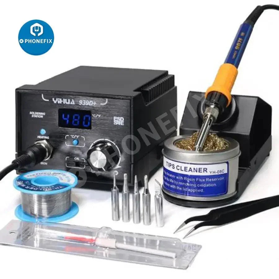 Estación de soldadura BGA YIHUA 936/937/939D con temperatura ajustable y herramientas de reparación, adecuada para la reparación de componentes electrónicos.
