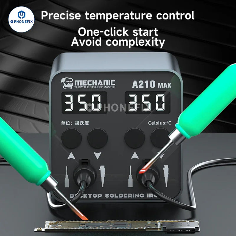 PHONEFIX Mechanic A210 Max BGA Soldering Station with dual soldering irons and digital display, 110V, US version.