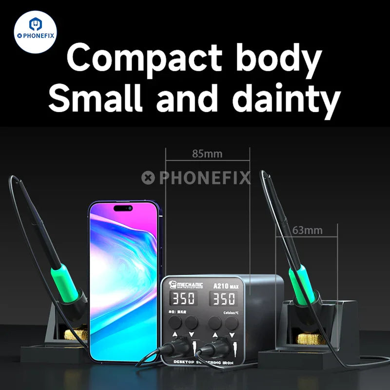 PHONEFIX Mechanic A210 Max dual BGA soldering iron station with digital display and two tips for precise soldering tasks.