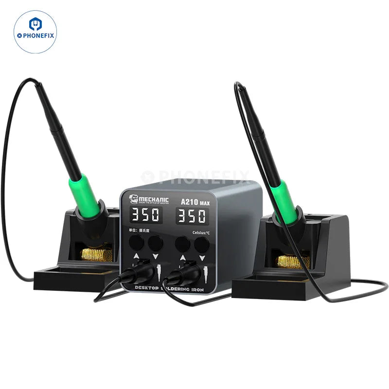 PhoneFix A210 Max BGA Soldering Station with dual soldering iron tips and digital display, ideal for precise electronics work.