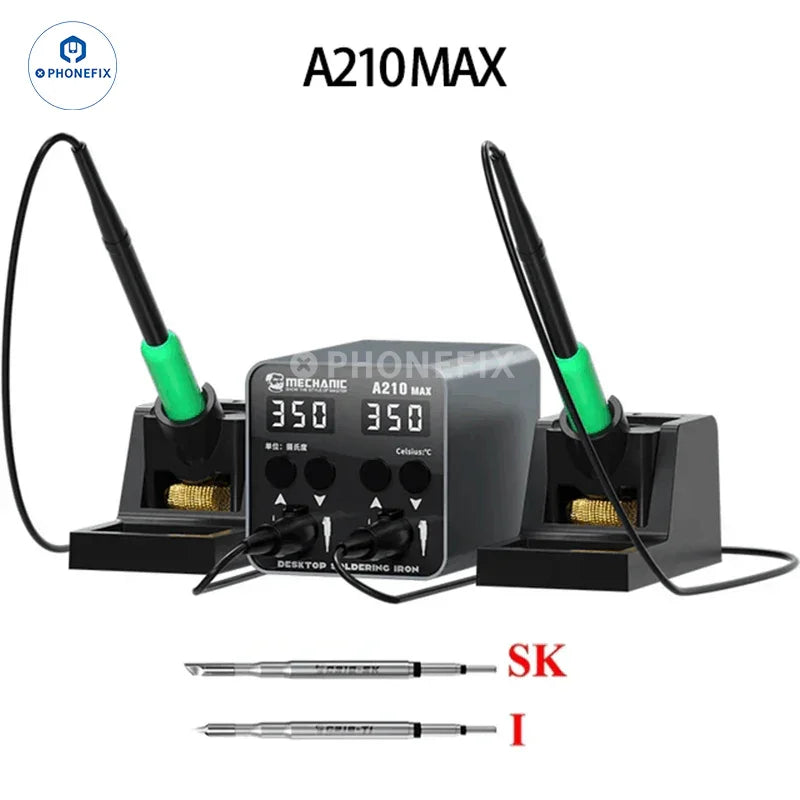 Phonefix A210 Max BGA Soldering Station with dual soldering iron tips and digital display for precise electronics repair.