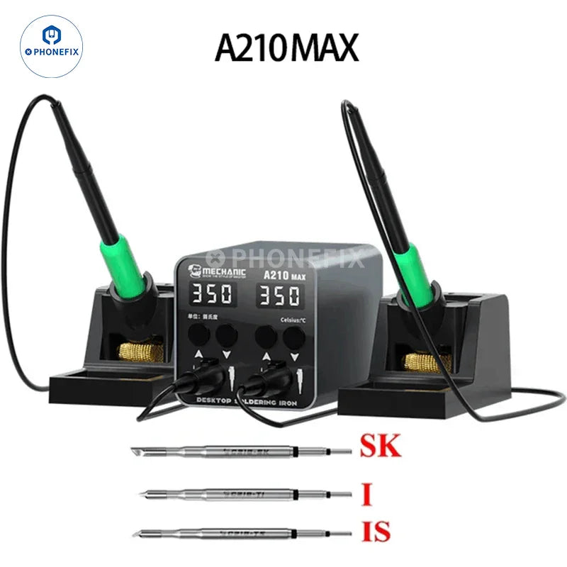PHONEFIX Mechanic A210 Max BGA Soldering Station with dual soldering irons and digital display for precise electronics repairs.