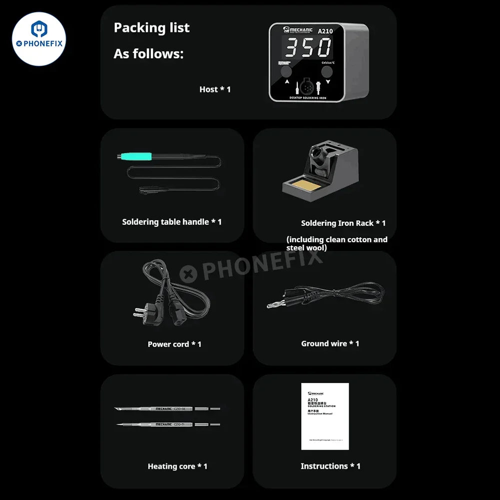 PHONEFIX Mechanic A210 Max BGA Soldering Station with dual soldering iron tips and digital display for precise electronic repairs